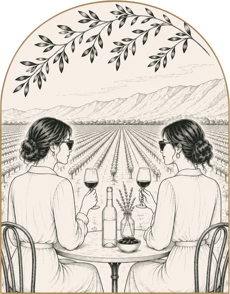 Phoebe & Pheabe — two friends sharing wine at a vineyard table